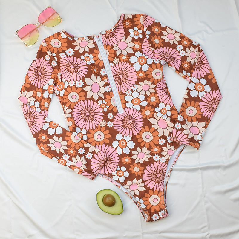 Long Sleeve Swimming Floral Sunscreen Diving Bikini